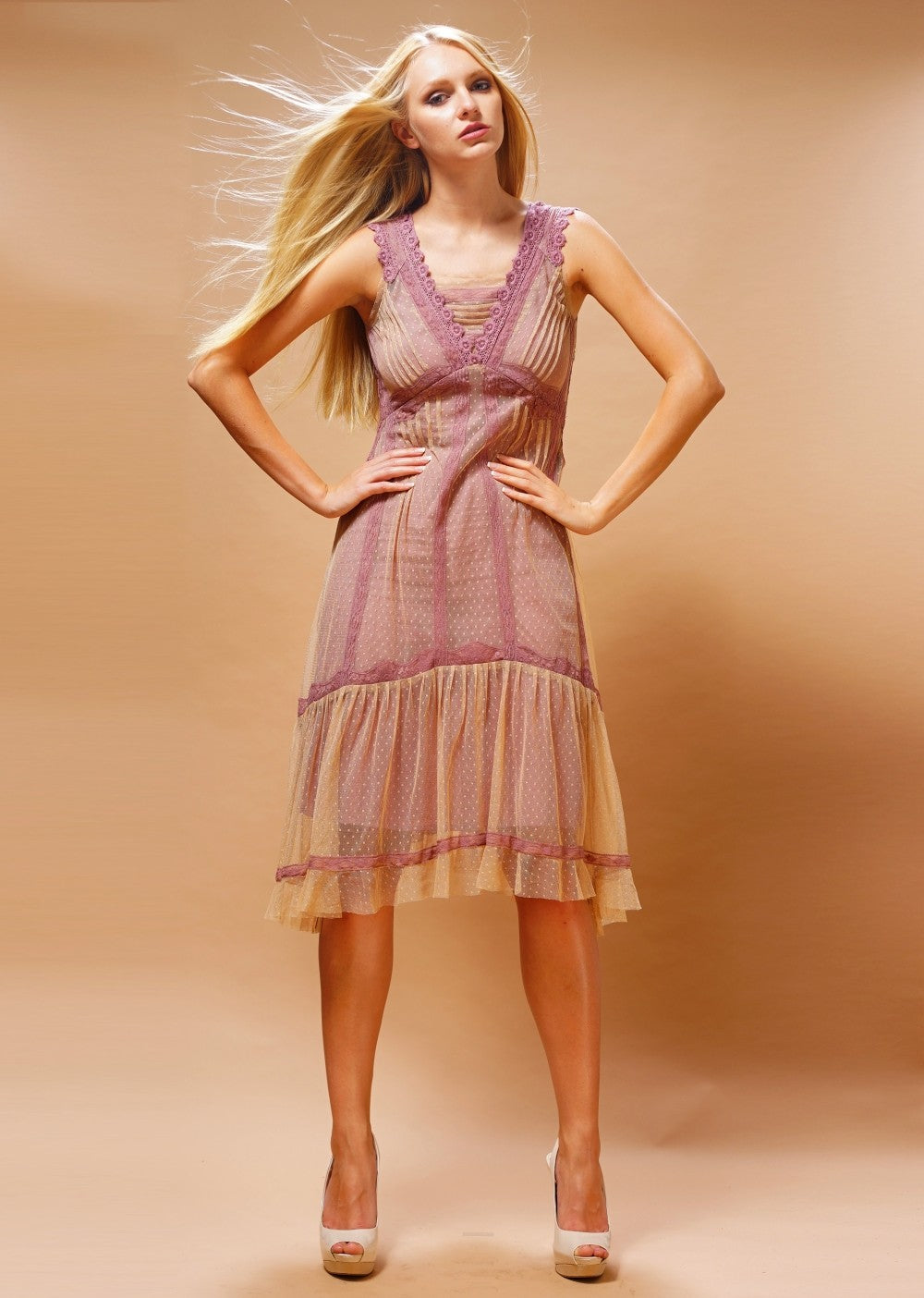 Bohemian Vintage Inspired Dress in Rose/Beige by Nataya