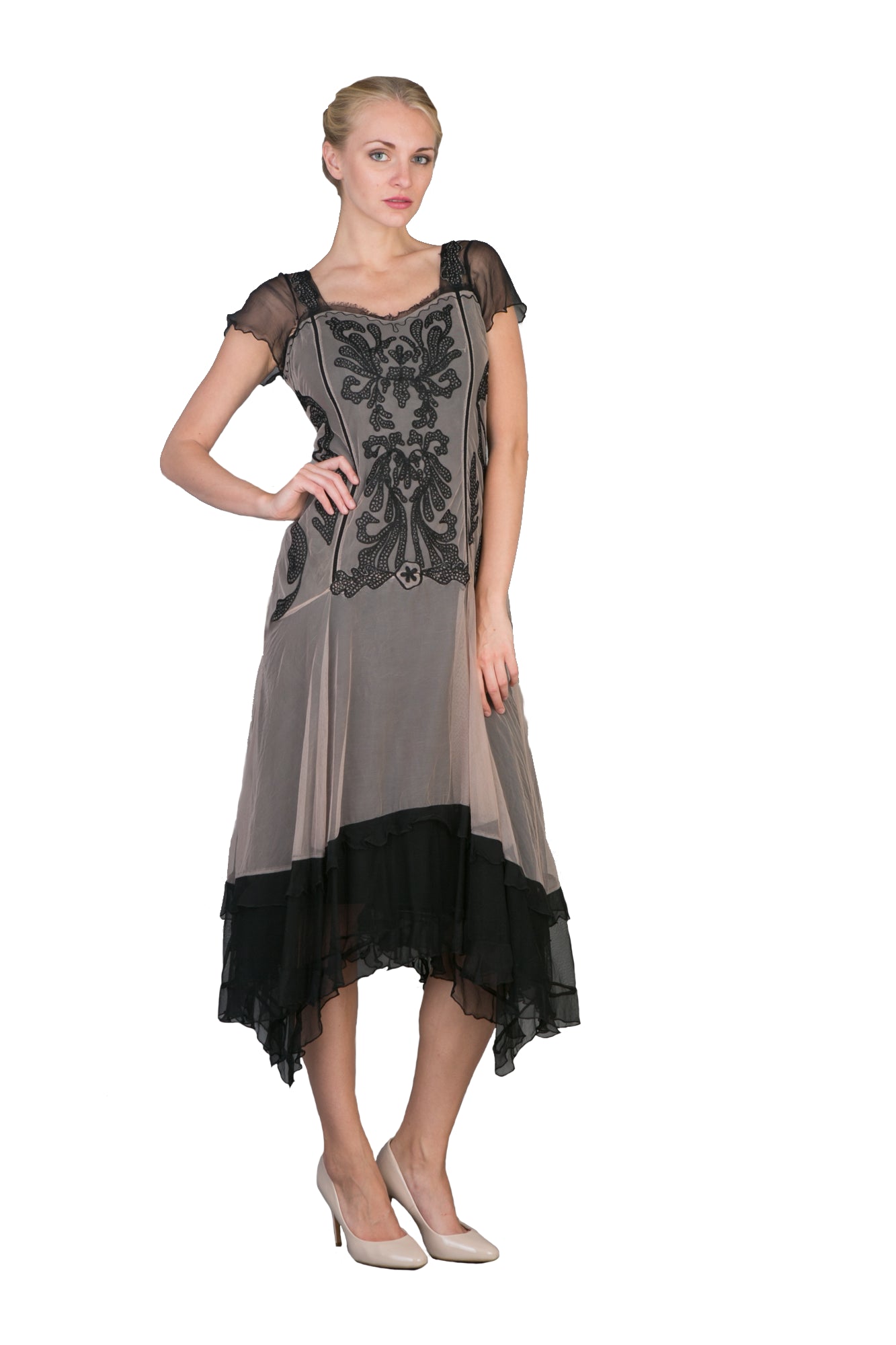 Embroidered Ruffled Vintage Inspired Dress in Black-Beige by Nataya - SOLD OUT