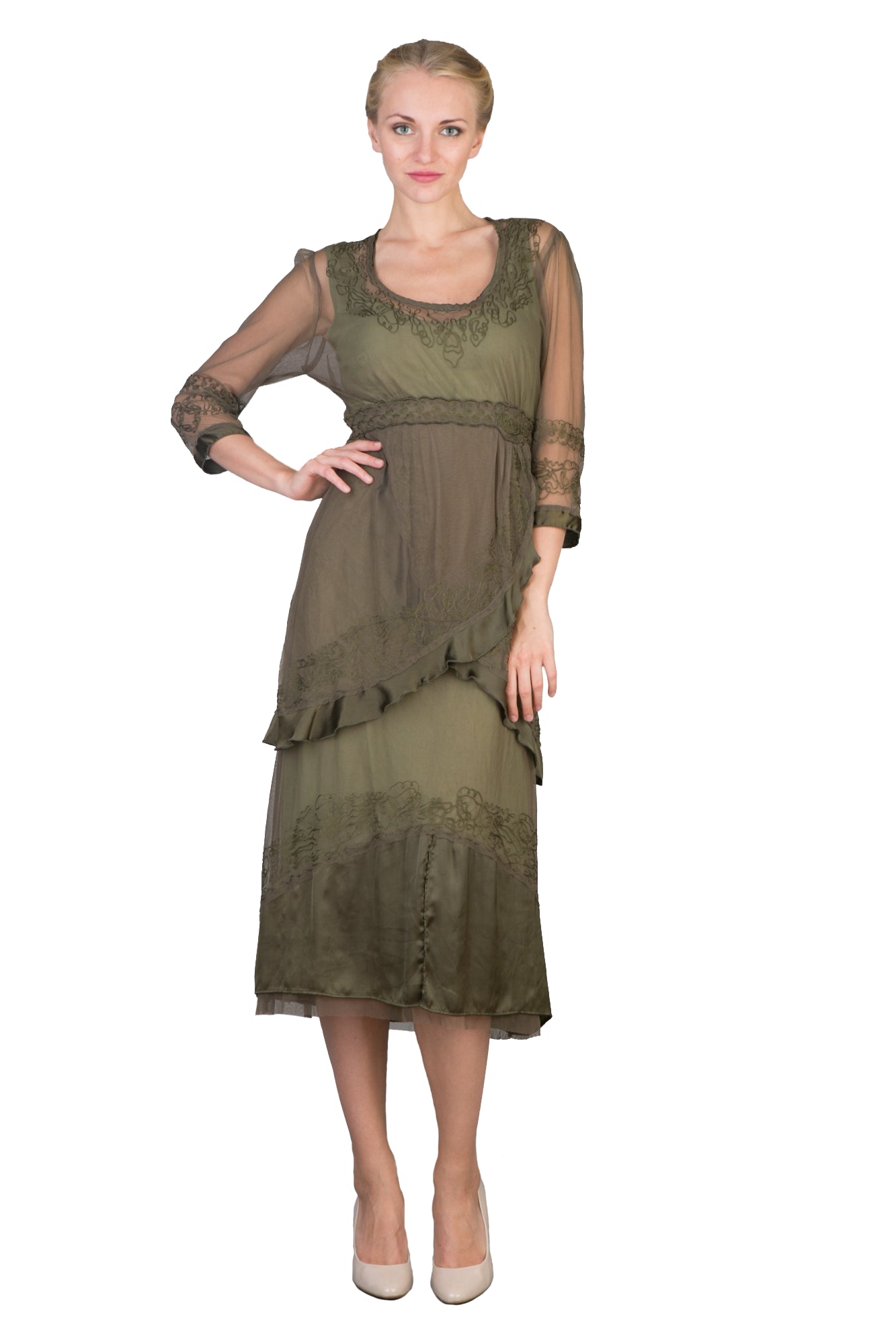 Embroidered Empire Waist Vintage Party Dress in Aloe by Nataya