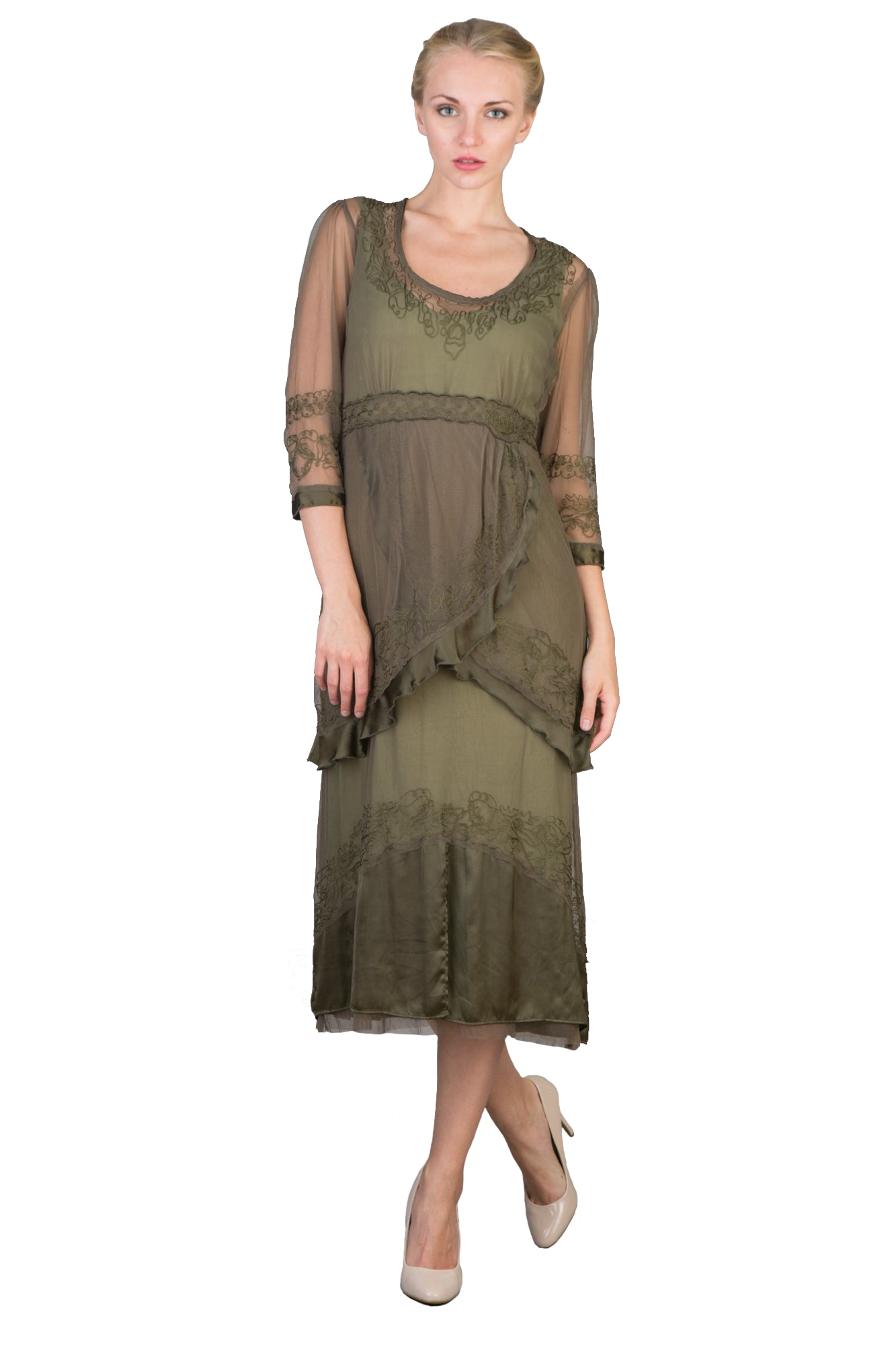 Embroidered Empire Waist Vintage Party Dress in Aloe by Nataya
