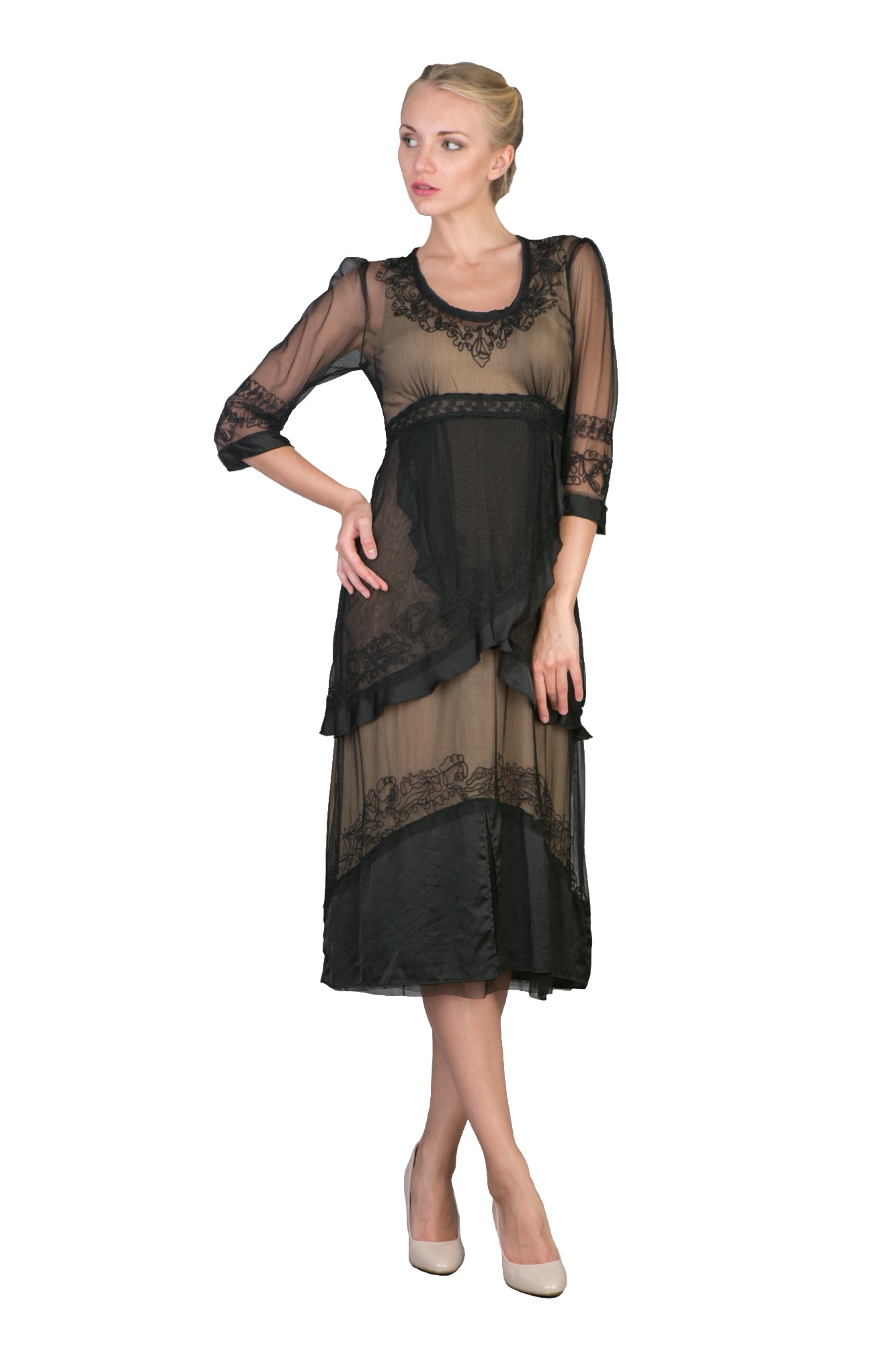 Embroidered Empire Waist Vintage Party Dress in Black-Gold by Nataya