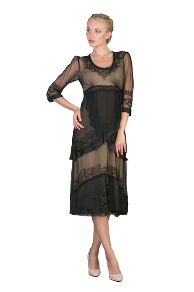 Embroidered Empire Waist Vintage Party Dress in Black-Gold by Nataya