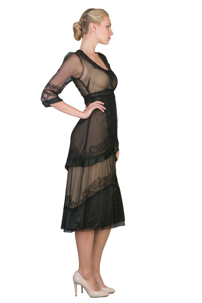 Embroidered Empire Waist Vintage Party Dress in Black-Gold by Nataya