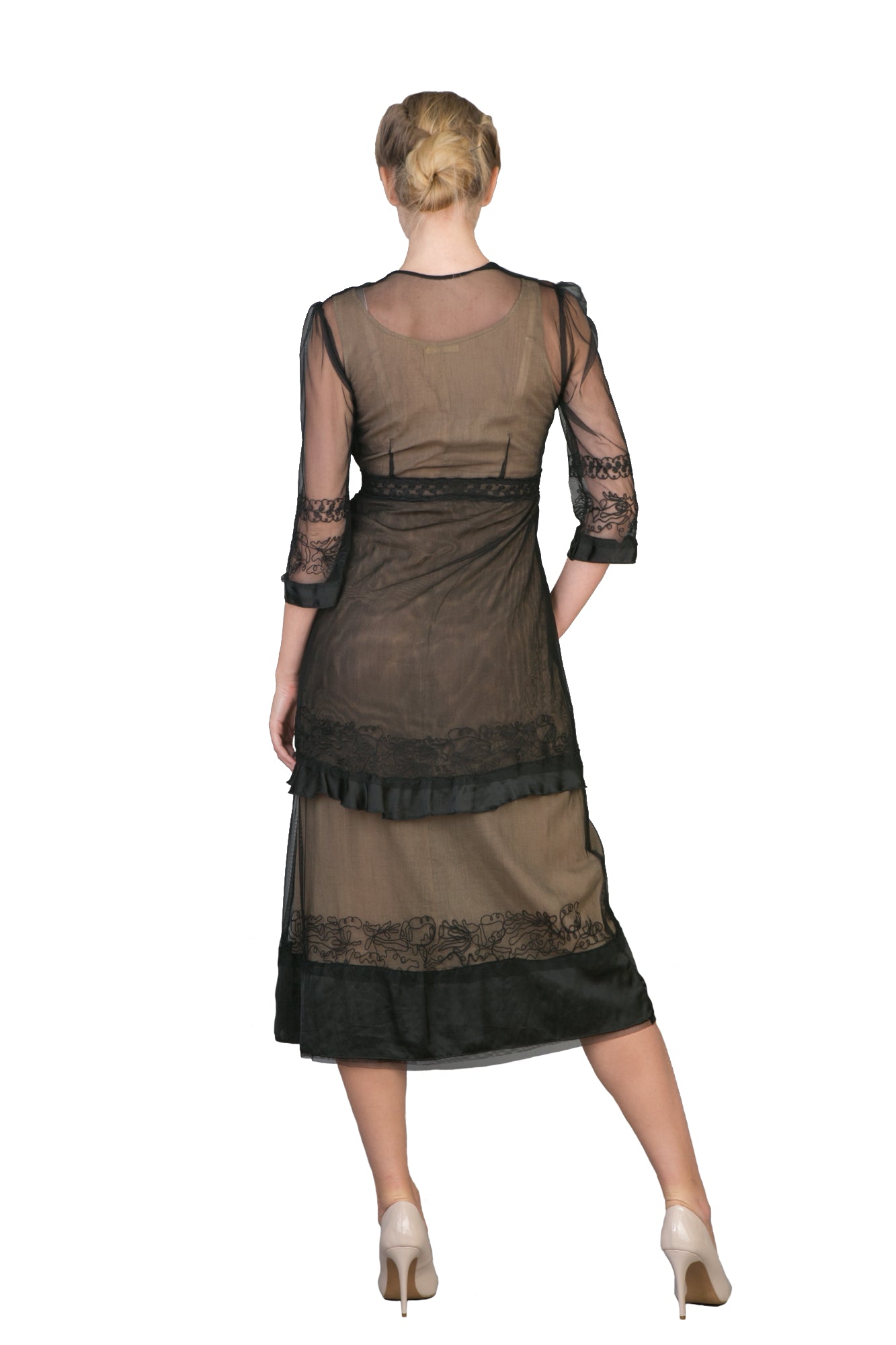 Embroidered Empire Waist Vintage Party Dress in Black-Gold by Nataya