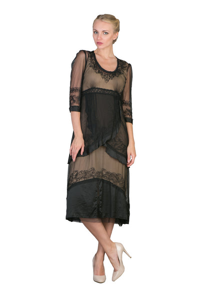 Embroidered Empire Waist Vintage Party Dress in Black-Gold by Nataya