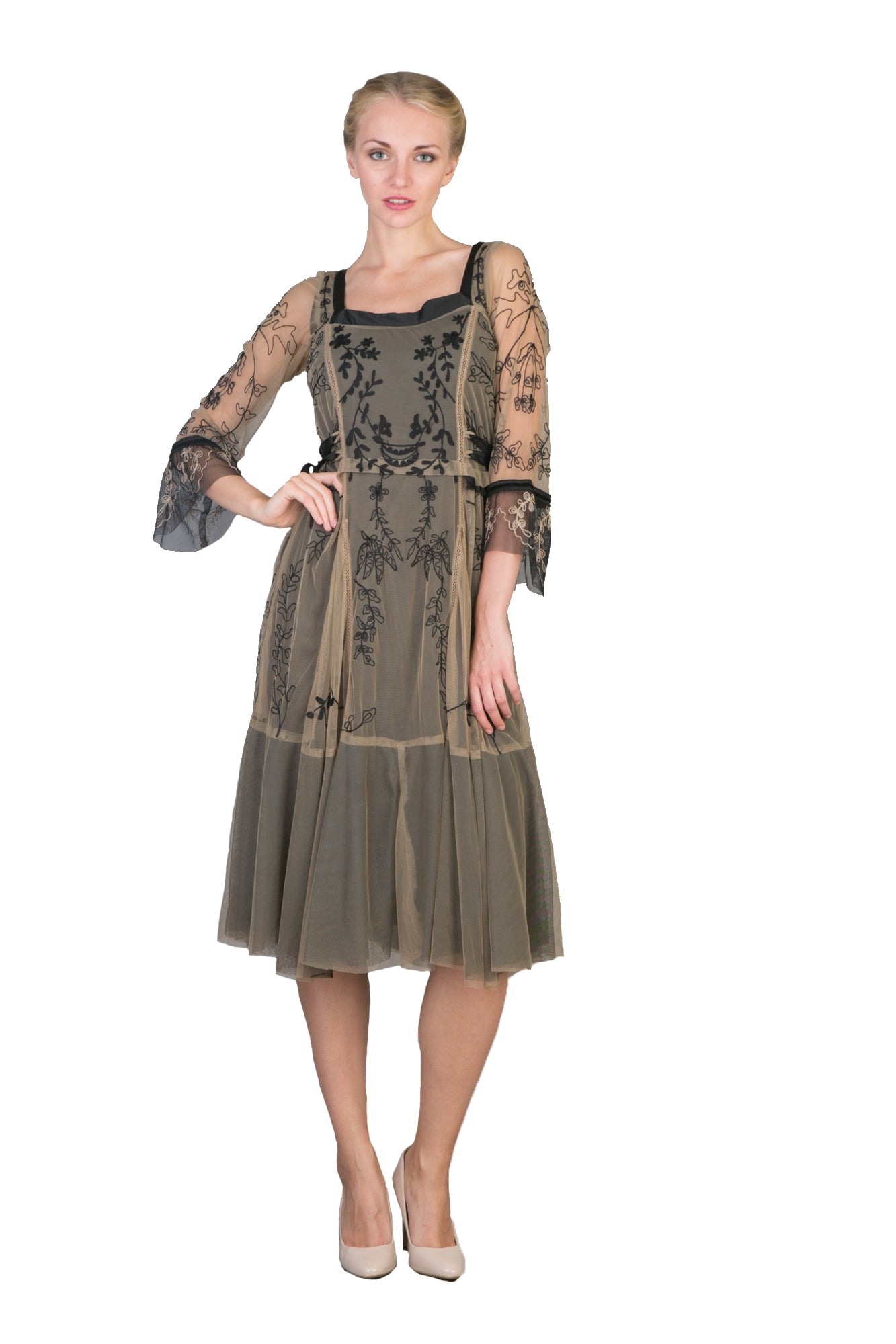Romantic Embroidered Vintage Party Dress in Black-Beige by Nataya