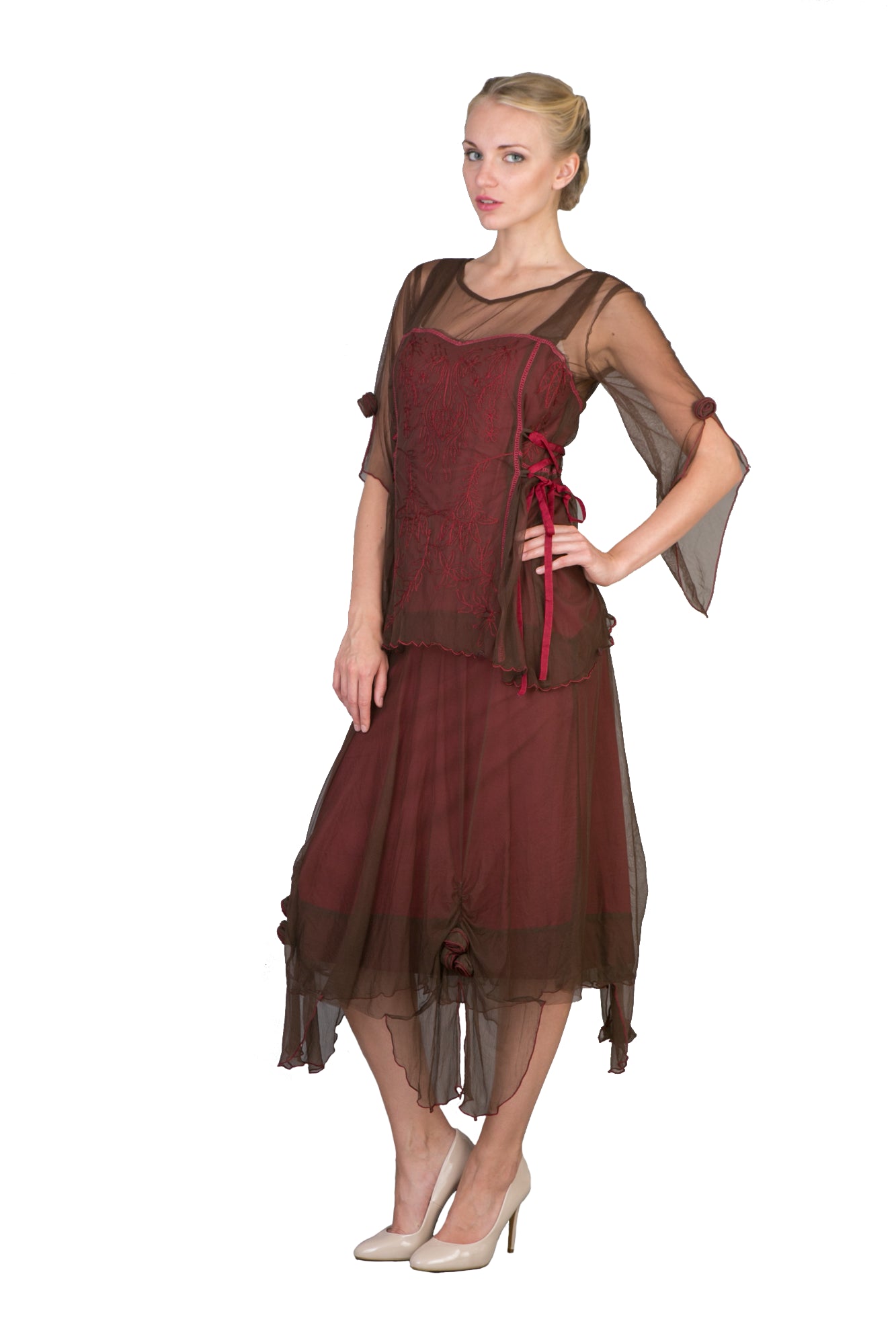 Asymmetrical Chiffon Rosettes Party Dress in Chocolate-Raspberry by Nataya