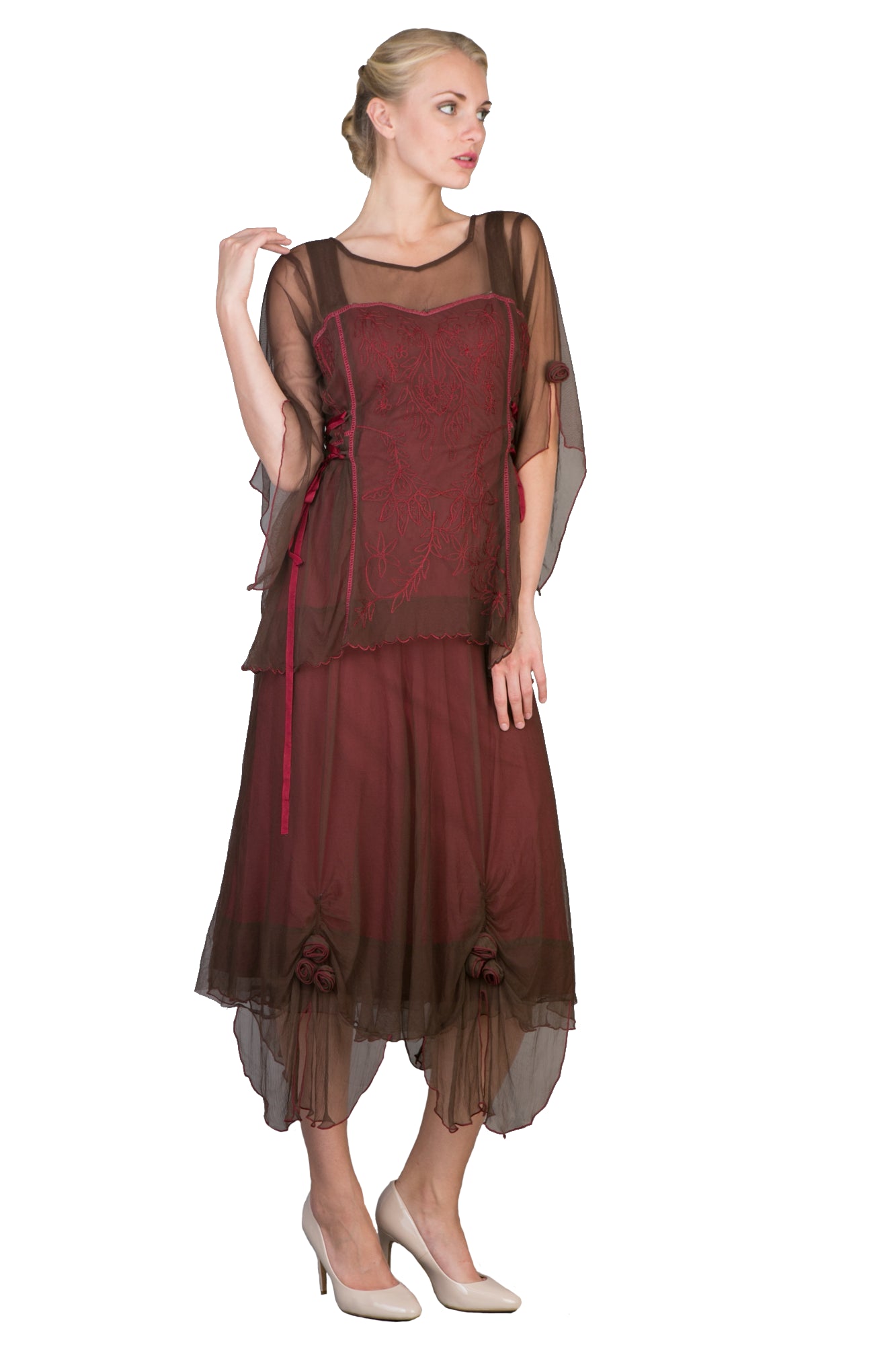 Asymmetrical Chiffon Rosettes Party Dress in Chocolate-Raspberry by Nataya