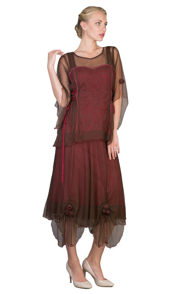 Asymmetrical Chiffon Rosettes Party Dress in Chocolate-Raspberry by Nataya