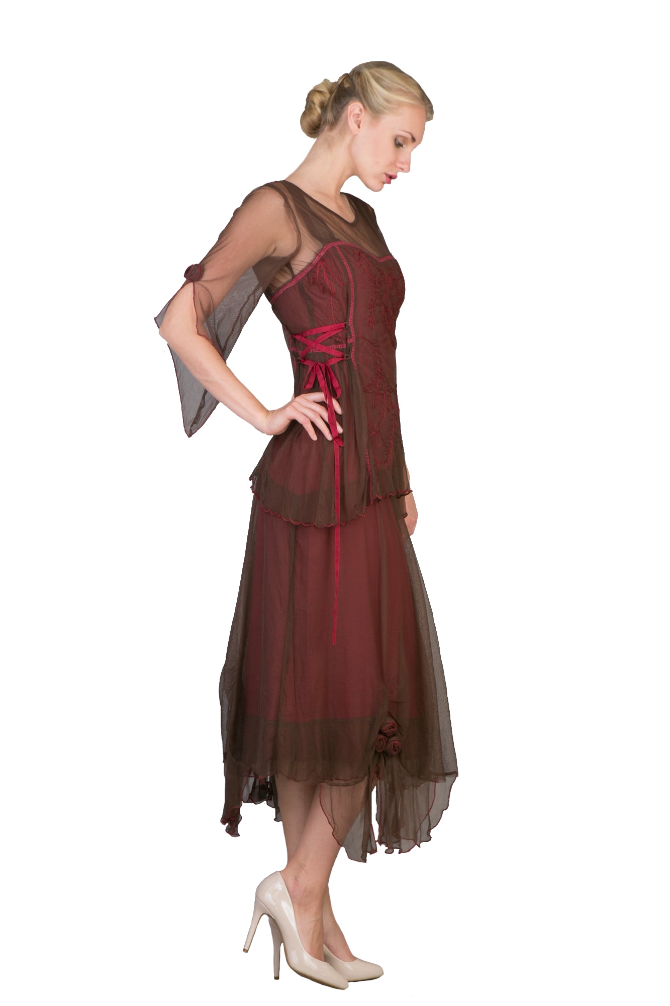 Asymmetrical Chiffon Rosettes Party Dress in Chocolate-Raspberry by Nataya