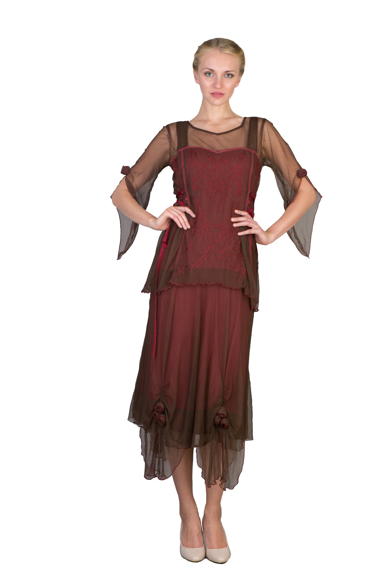 Asymmetrical Chiffon Rosettes Party Dress in Chocolate-Raspberry by Nataya