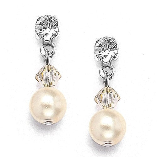 Classic Pearl & Crystal Drop Earrings for Brides - White - Pierced
