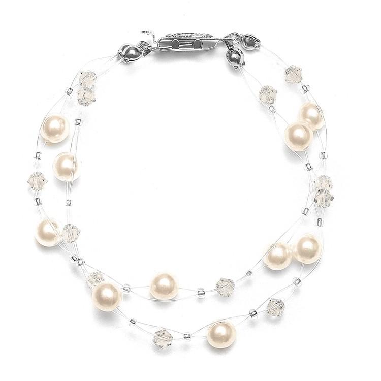 2-Row Pearl & Crystal Bridal Illusion Bracelet - Honey