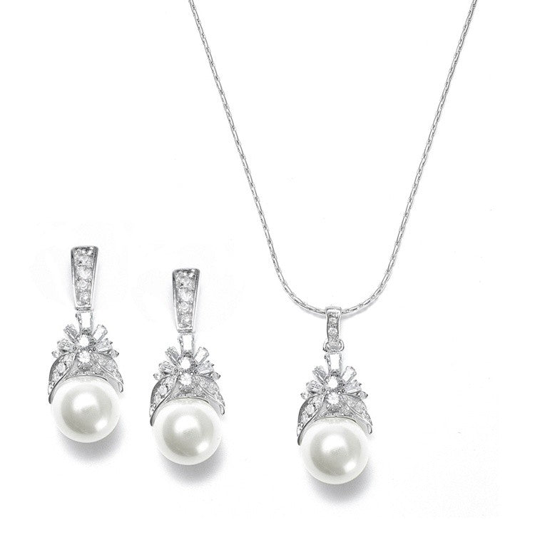 Pearl and CZ Baguettes Necklace Set