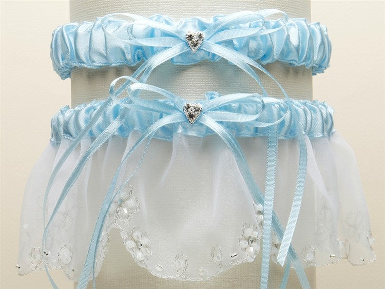 Bridal Garter Set with Inlaid Crystal Hearts - White with Blue