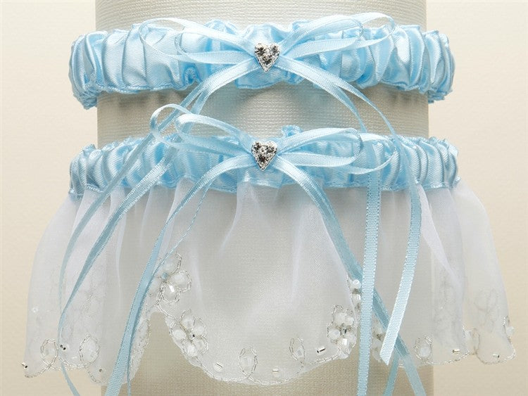 Bridal Garter Set with Inlaid Crystal Hearts - White with Blue - SOLD OUT