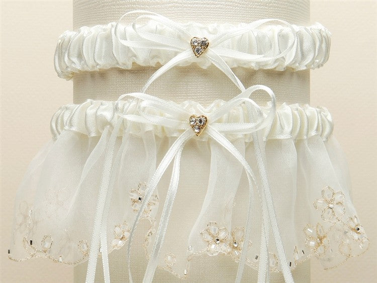 Bridal Garter Set with Inlaid Crystal Hearts - Ivory - SOLD OUT