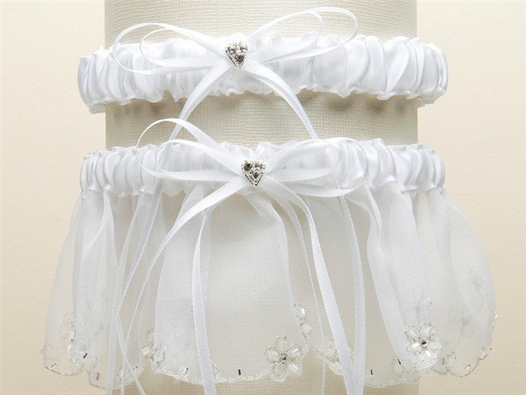 Bridal Garter Set with Inlaid Crystal Hearts - White