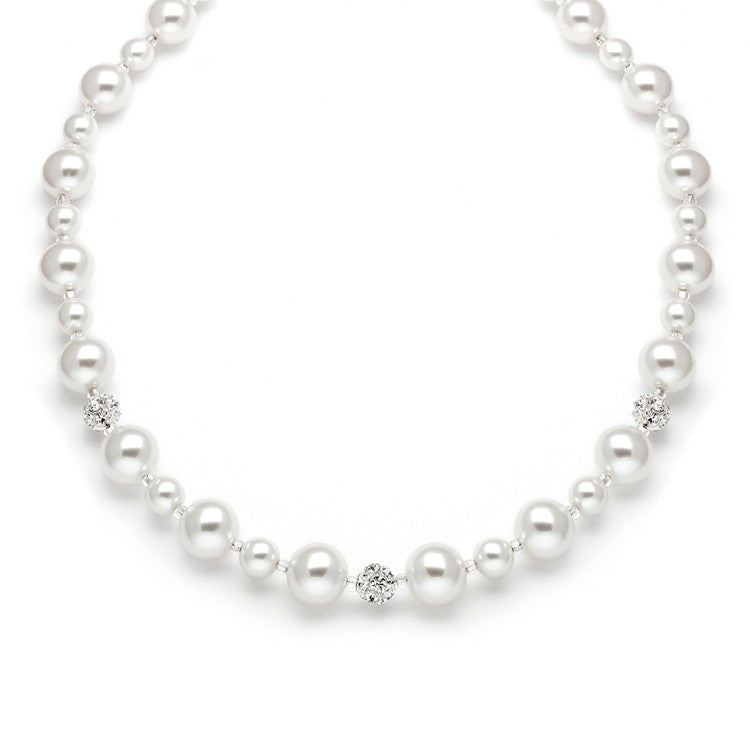 Pearl Wedding Necklace with Rhinestone Fireballs - White