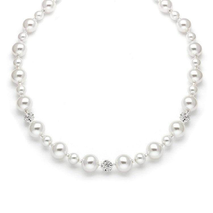 Pearl Wedding Necklace with Rhinestone Fireballs - White - SOLD OUT