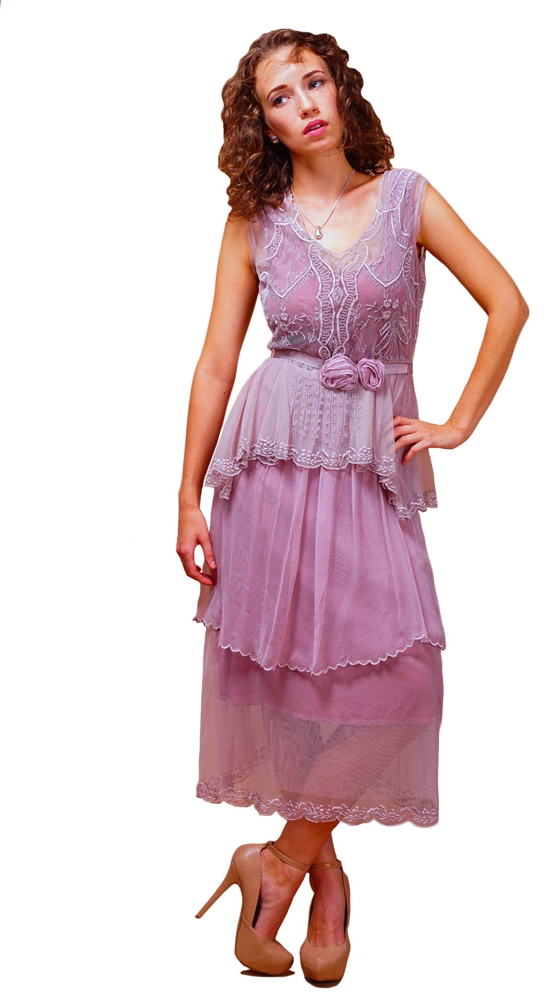 Vintage Inspired Tiered Tea Party Dress in Lavender-Rose by Nataya