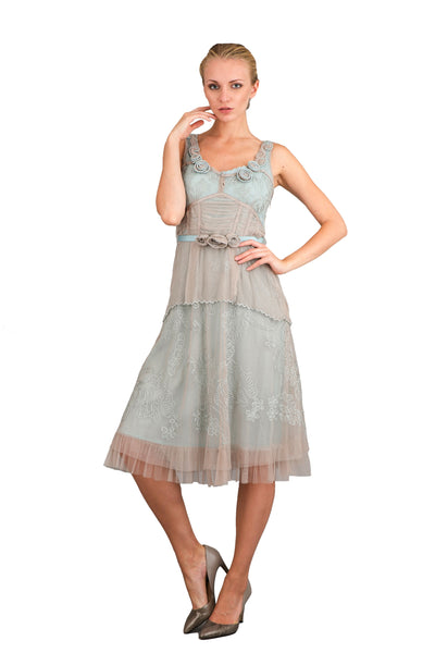 Vintage Inspired String of Roses Party Dress in Silver by Nataya