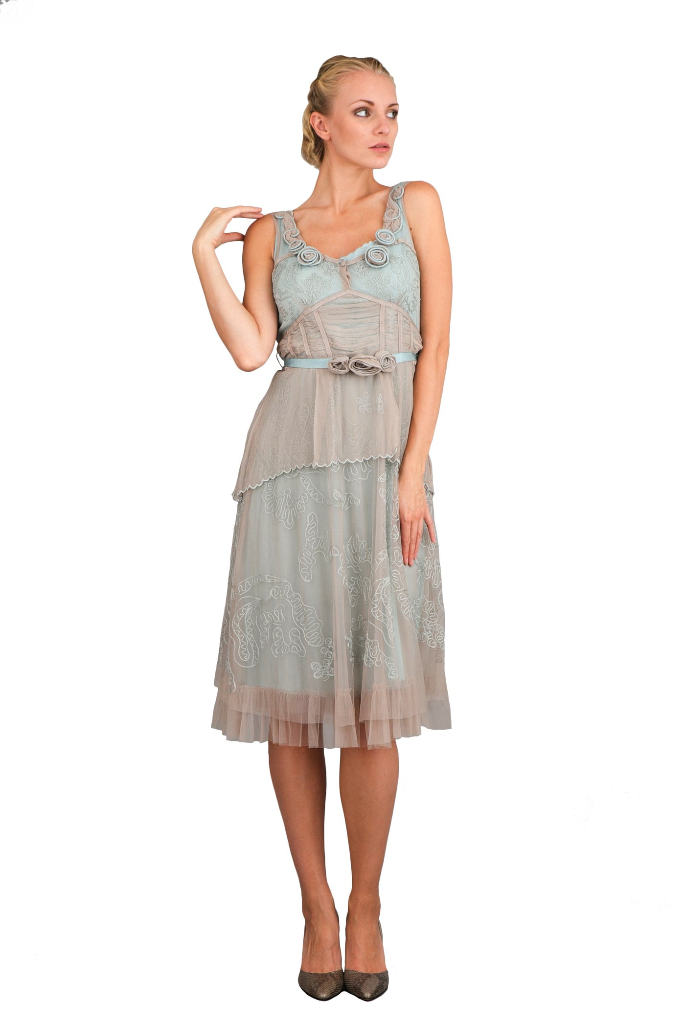 Vintage Inspired String of Roses Party Dress in Silver by Nataya