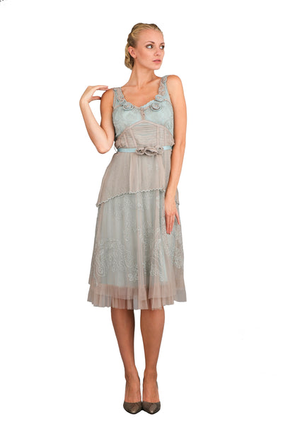 Vintage Inspired String of Roses Party Dress in Silver by Nataya