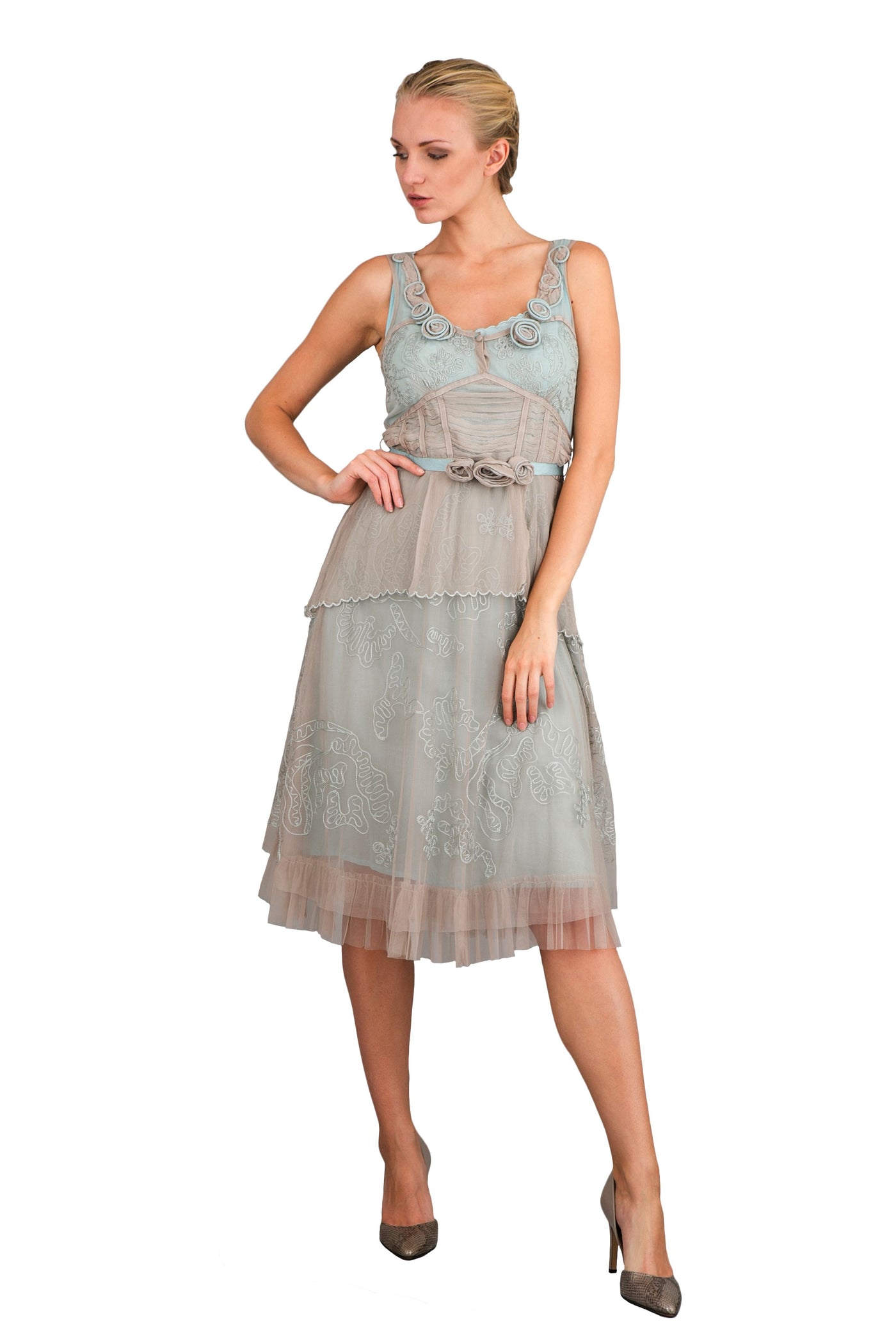Vintage Inspired String of Roses Party Dress in Silver by Nataya