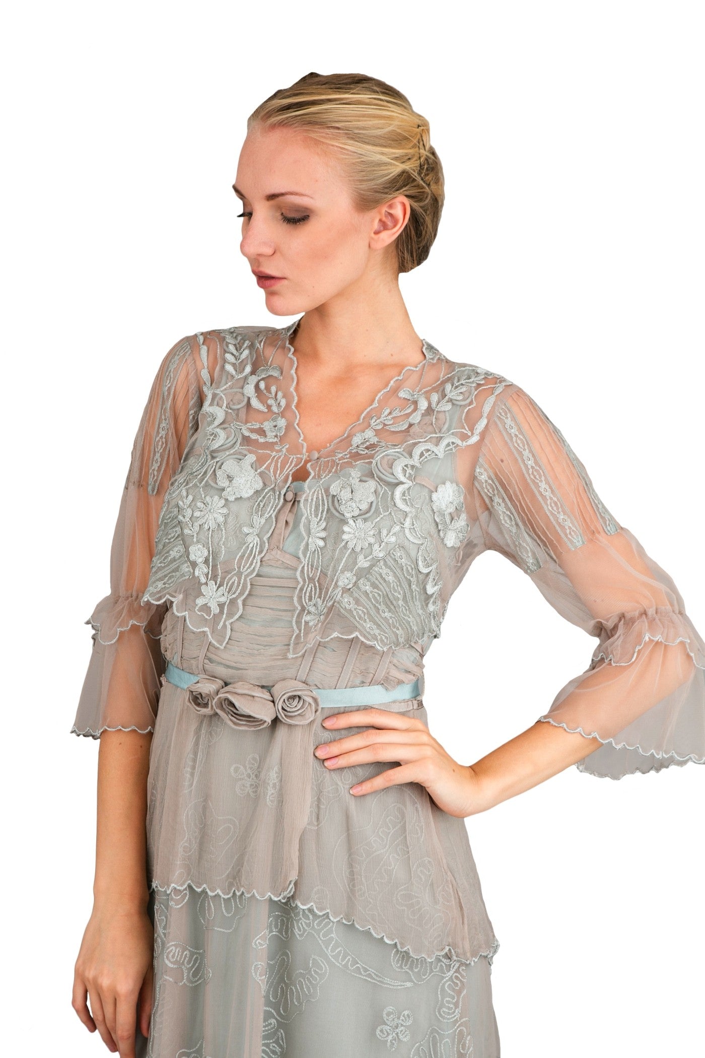 Vintage Inspired 1901 Embroidered Bolero in Silver by Nataya
