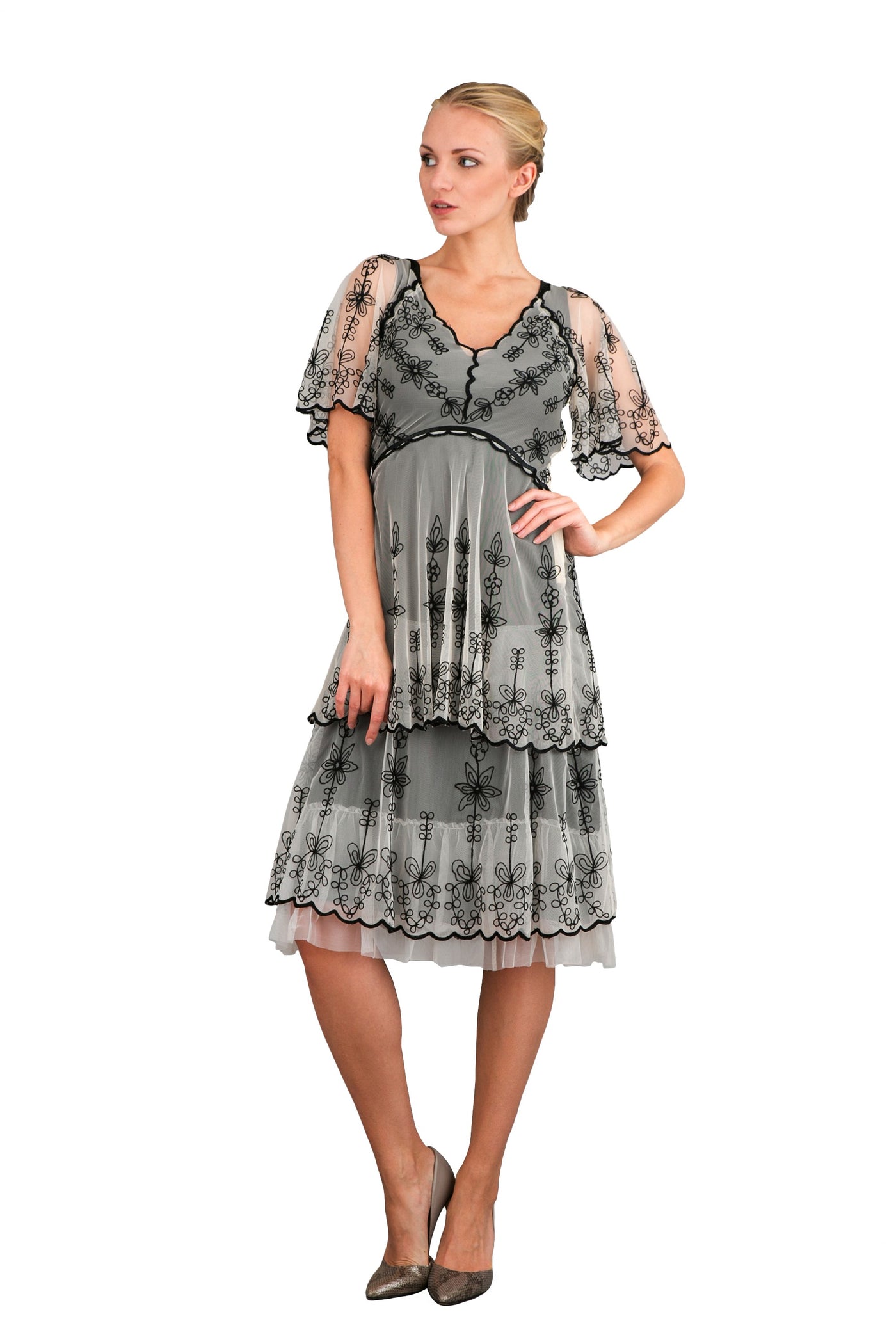 Romantic 40251 Vintage Style Short Dress in Black/Ivory Nataya