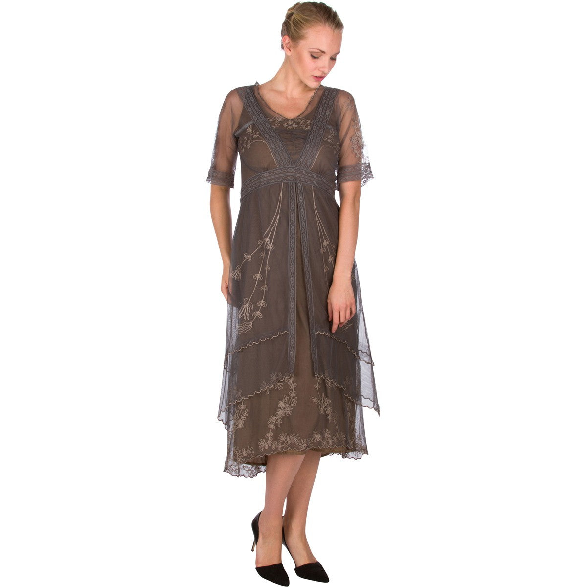 5611 Vintage Inspired Embroidered Party Dress in Moss by Nataya