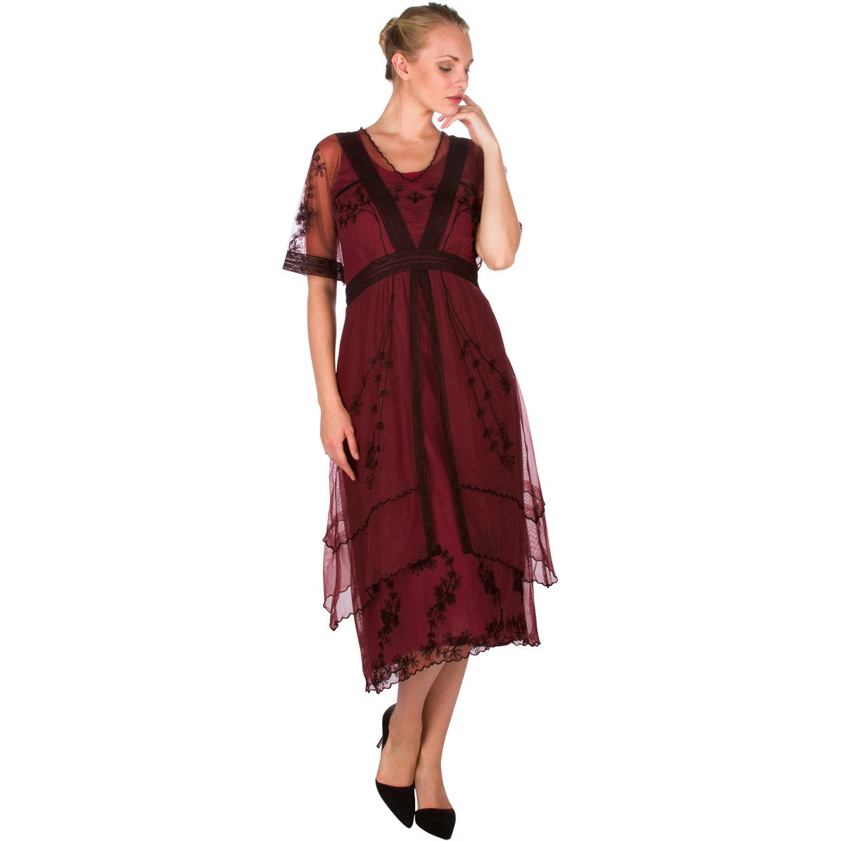 5611 Vintage Inspired Embroidered Party Dress in Wine by Nataya