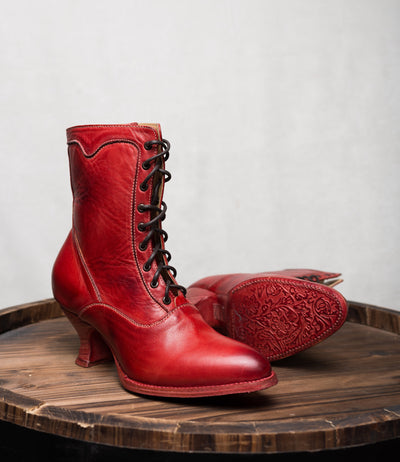 Victorian Style Leather Ankle Boots in Red Rustic