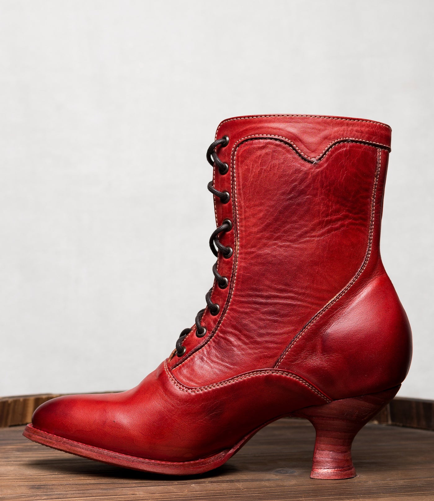 Victorian Style Leather Ankle Boots in Red Rustic