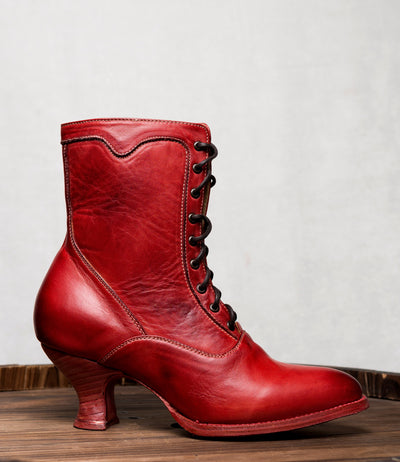 Victorian Style Leather Ankle Boots in Red Rustic