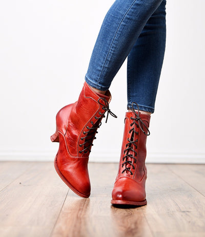 Victorian Style Leather Ankle Boots in Red Rustic