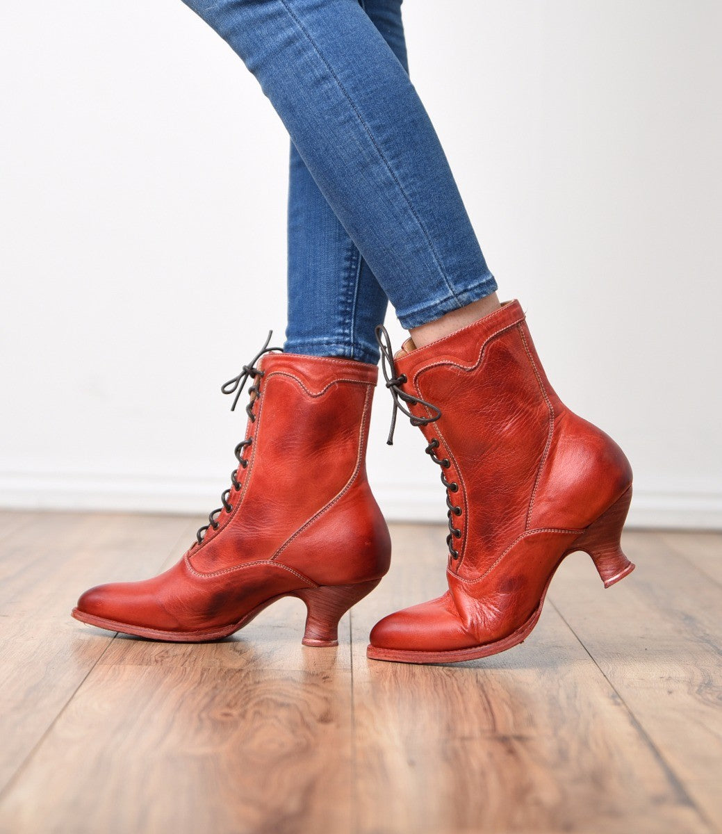 Victorian Style Leather Ankle Boots in Red Rustic
