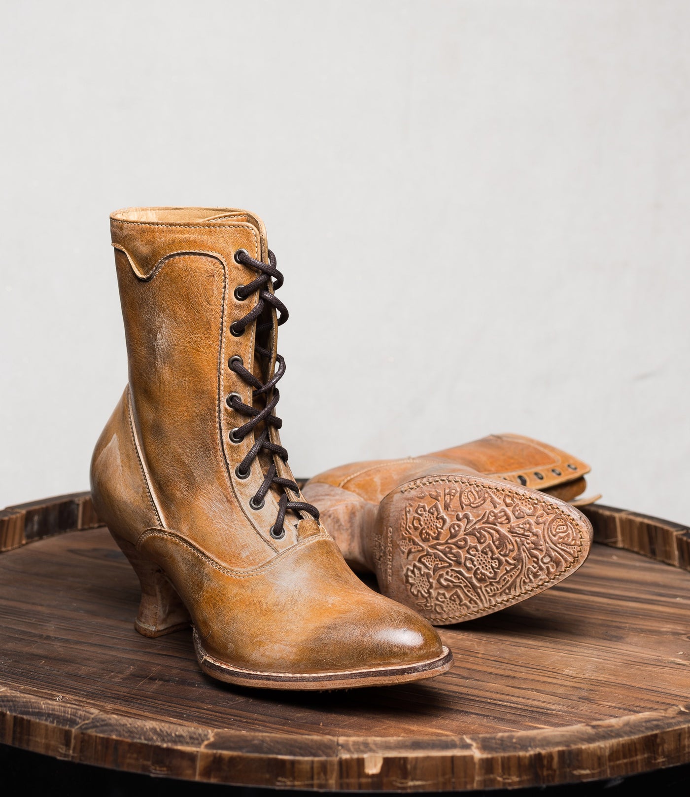 Victorian Style Leather Ankle Boots in Tan Rustic