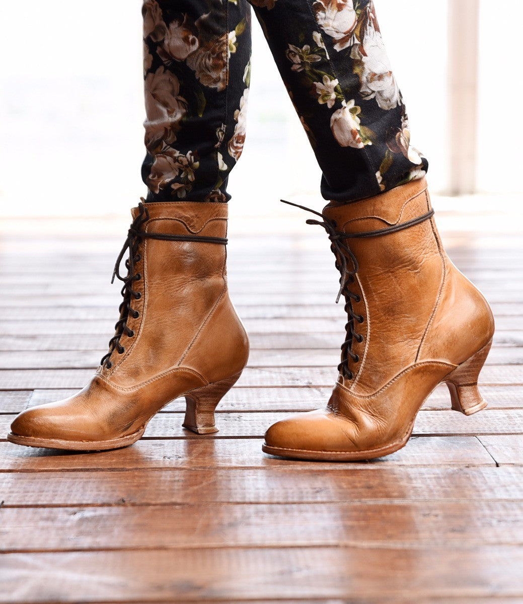 Victorian Style Leather Ankle Boots in Tan Rustic