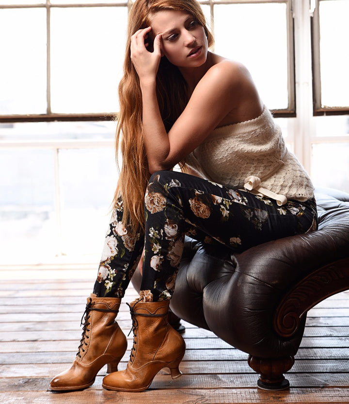 Victorian Style Leather Ankle Boots in Tan Rustic