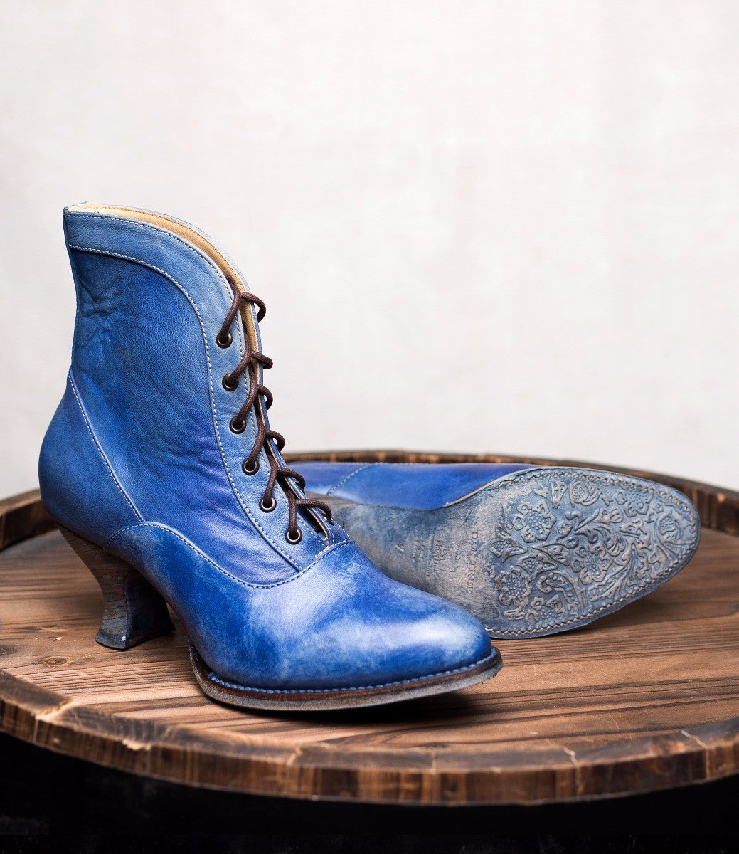 Vintage Style Victorian Lace Up Leather Boots in Steel Blue