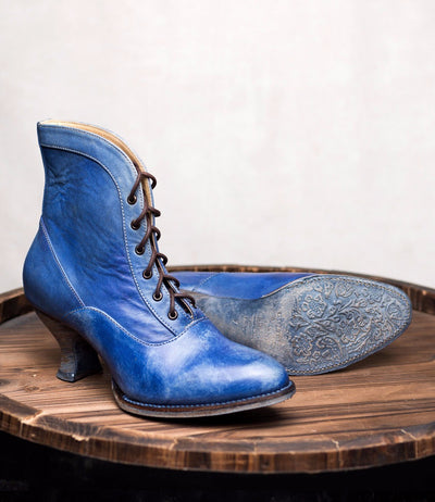 Vintage Style Victorian Lace Up Leather Boots in Steel Blue
