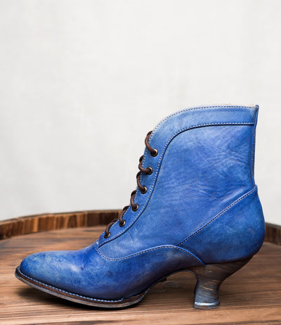 Vintage Style Victorian Lace Up Leather Boots in Steel Blue