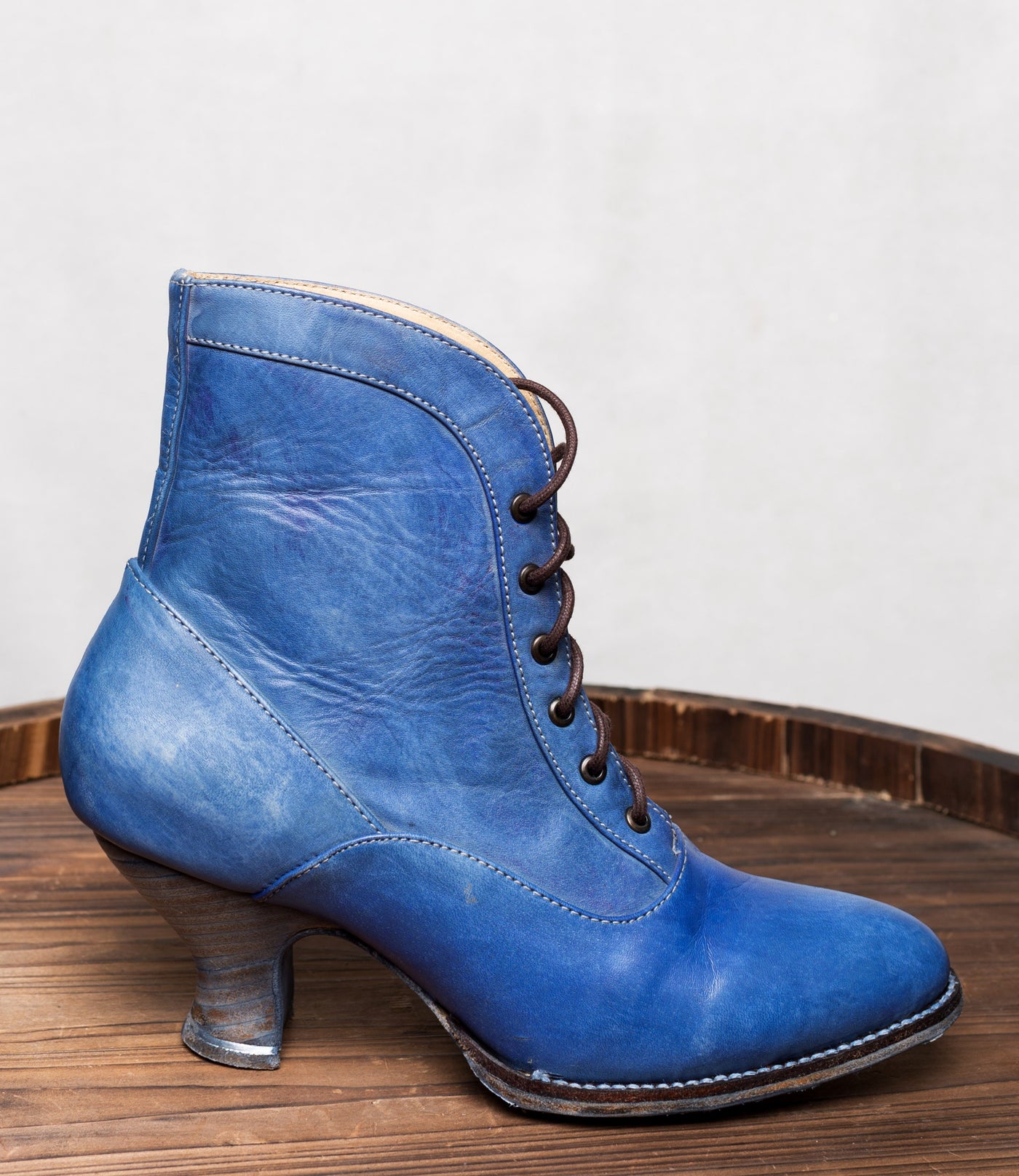 Vintage Style Victorian Lace Up Leather Boots in Steel Blue