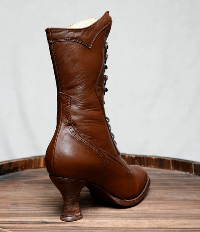 Modern Victorian Lace Up Leather Boots in Cognac Oak Tree Farms