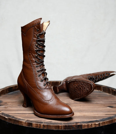Modern Victorian Lace Up Leather Boots in Cognac Oak Tree Farms