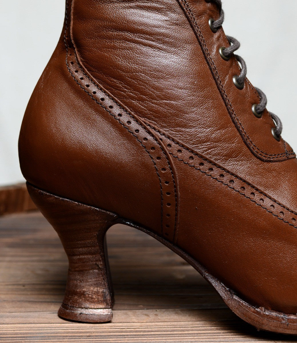 Modern Victorian Lace Up Leather Boots in Cognac