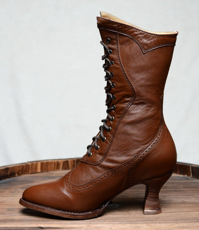 Modern Victorian Lace Up Leather Boots in Cognac Oak Tree Farms