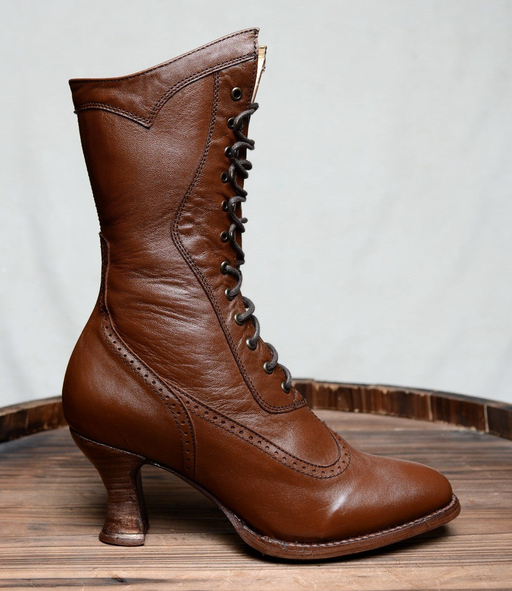 Modern Victorian Lace Up Leather Boots in Cognac Oak Tree Farms